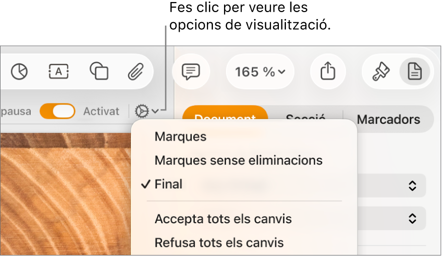 El menú d’opcions de revisió, que mostra les opcions Marques, “Marques sense eliminacions” i Final.