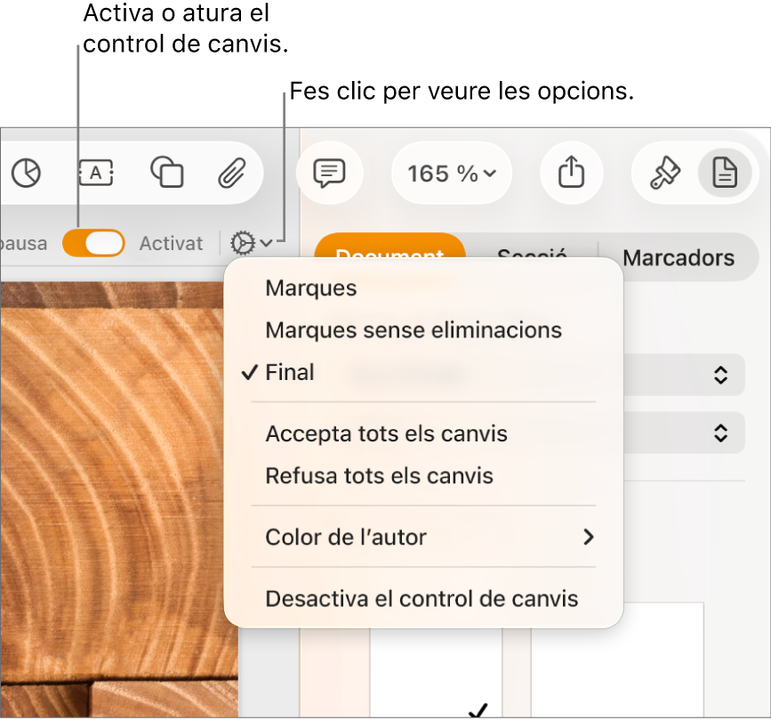 El menú d’opcions del control de canvis, que mostra l’opció “Desactiva el control de canvis” a la part inferior i les llegendes de l’opció “Control de canvis activat” i del botó “En pausa”.