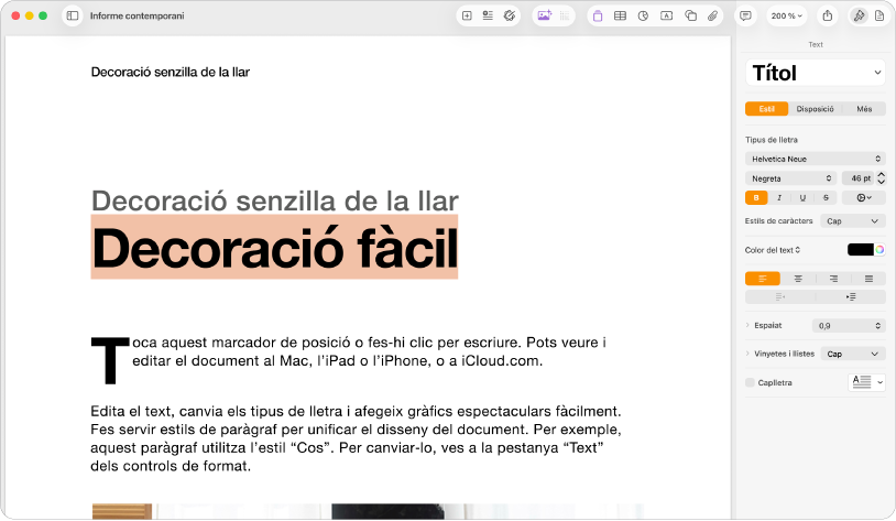 Document obert amb la barra lateral de format oberta i la pestanya de text seleccionada.
