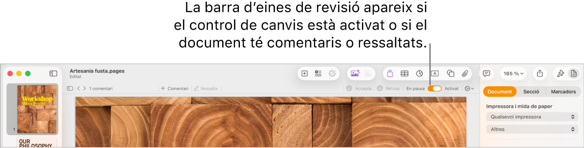 La barra d’eines del Pages amb el control de canvis activat i, a sota, la barra d’eines de revisió.