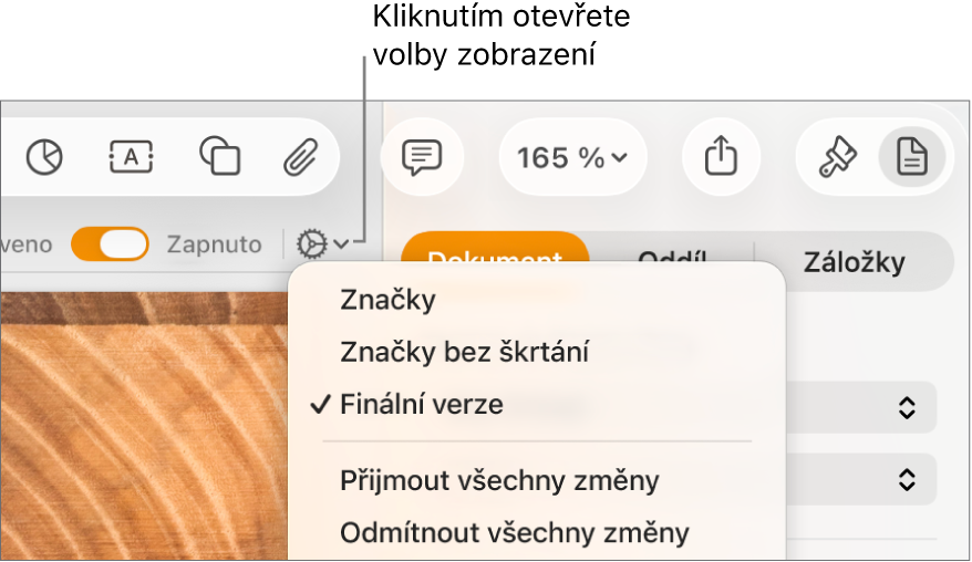 Nabídka s volbami kontroly: Značky, Značky bez škrtání a Finální