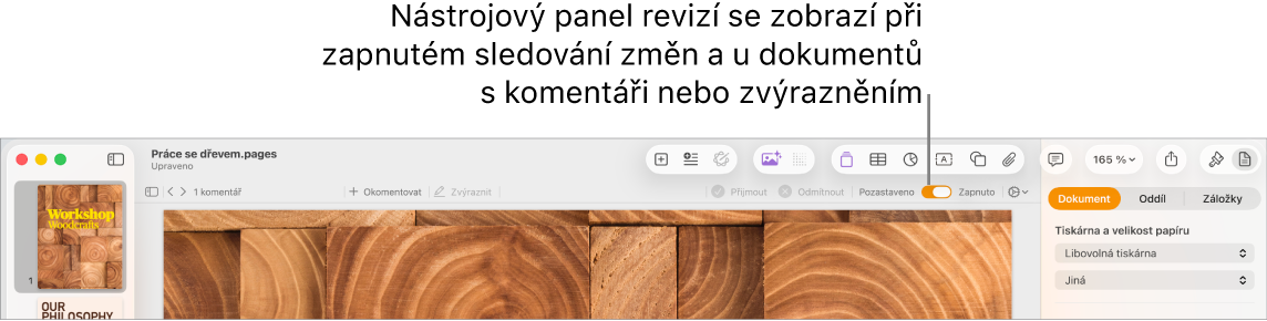 Panel nástrojů Pages se zapnutou funkcí sledování změn a pod ním panel nástrojů kontroly.