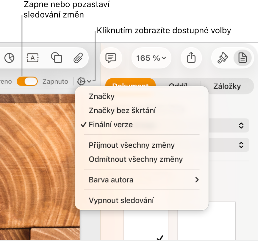 Nabídka voleb sledování se zobrazenou volbou „Vypnout sledování“ v dolní části a popisky u tlačítek Sledování zapnuto a Pozastaveno
