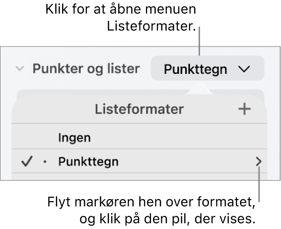 Lokalmenuen Listeformater med et format valgt og en pil yderst til højre.