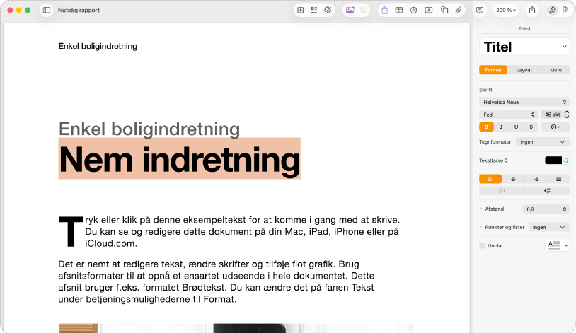 Åbent dokument med indholdsoversigten til format åben og tekstfanen valgt.