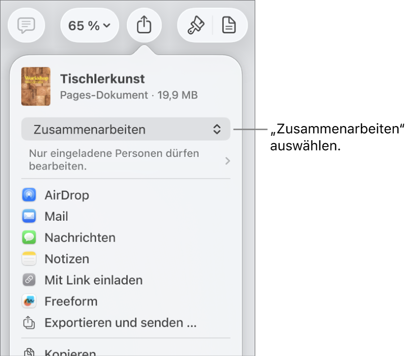 Im Menü „Teilen“ ist „Zusammenarbeiten“ oben ausgewählt und die Einstellungen für Zugriff und Berechtigungen befinden sich darunter.