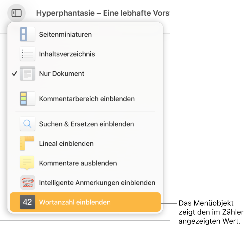 Das geöffnete Menü „Darstellung“ mit der Option „Zeichenanzahl einblenden“ unten.