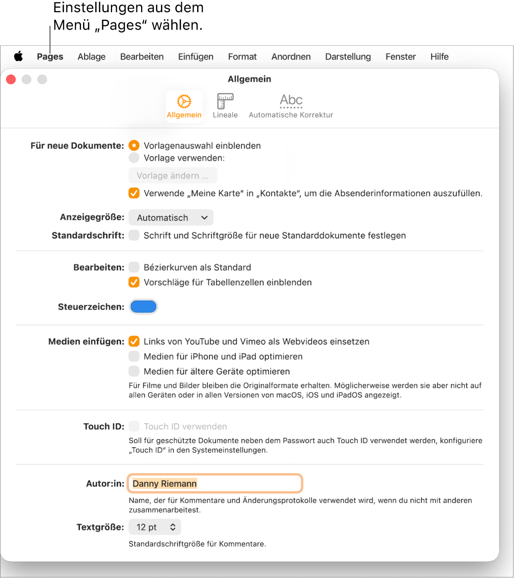 Der Tab „Allgemein“ der Pages-Einstellungen.