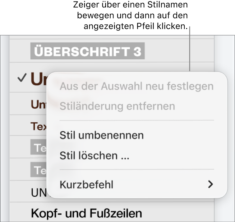 Das Menü „Absatzstile“ mit geöffnetem Kontextmenü