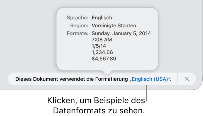 Die Mitteilung zur anderen Sprache und Region mit Beispielen der Formatierung in dieser Sprache und Region.