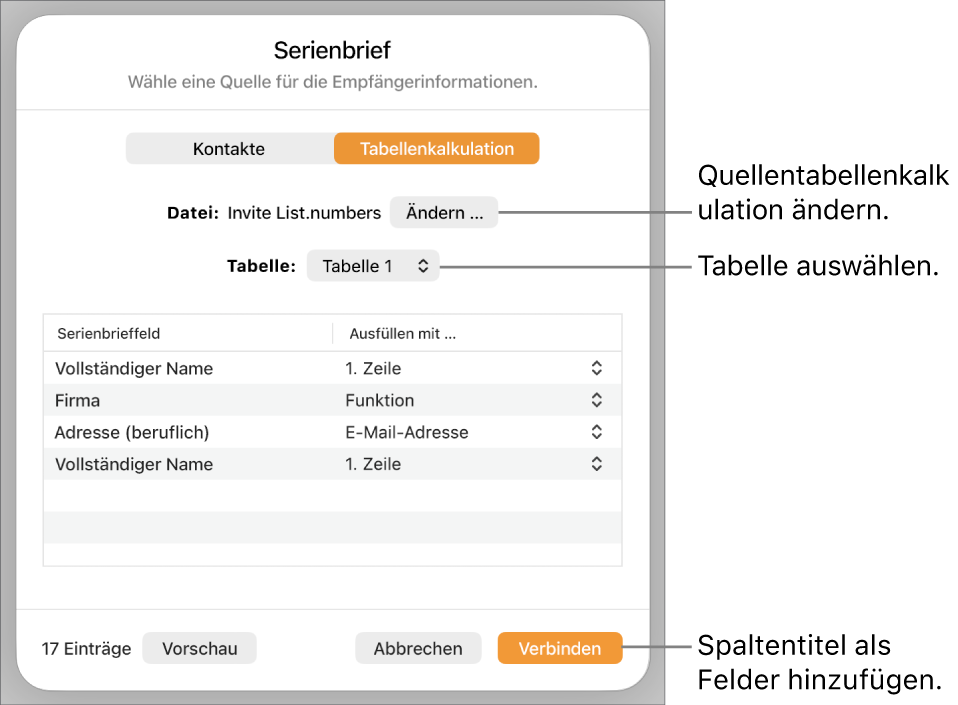 Die geöffnete Vorschaubereich für Serienbrieffelder mit Optionen zum Ändern der Quelldatei oder -Tabelle, Anzeigen einer Vorschau der Serienbrieffeld-Namen oder Hinzufügen der Spaltenüberschriften als Felder.