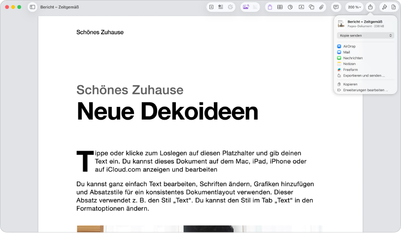 Ein geöffnetes Dokument mit dem geöffneten Menü „Teilen“.