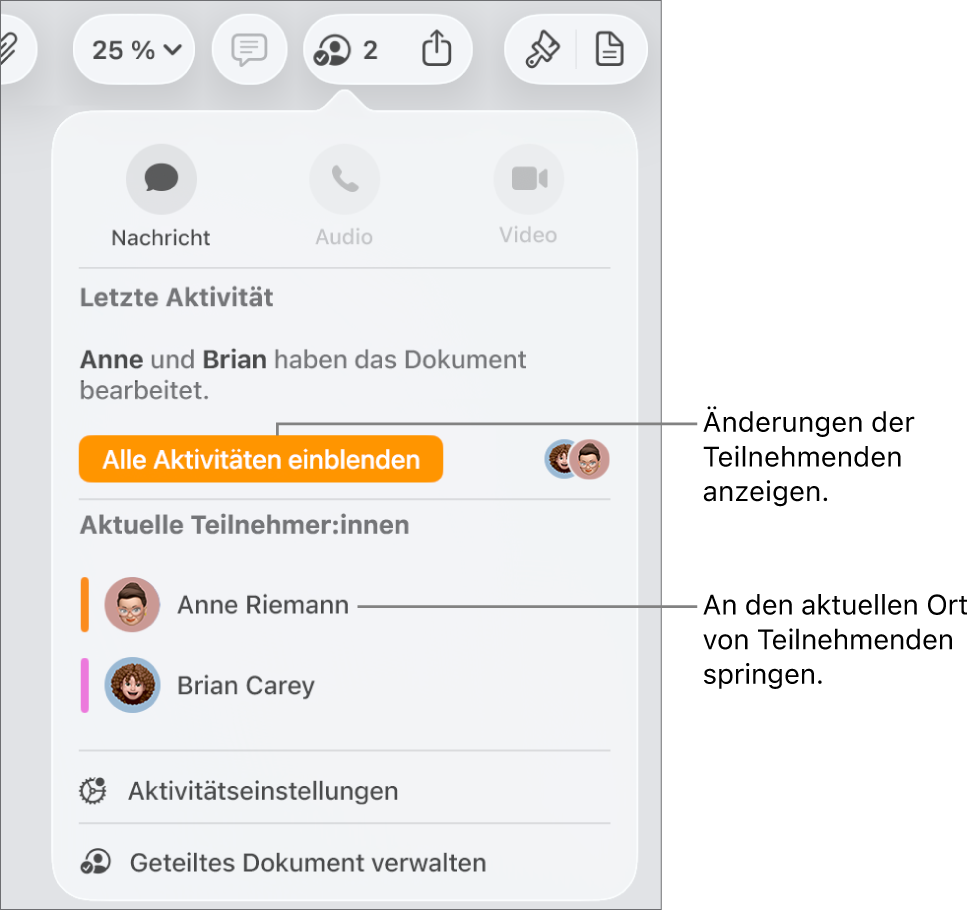 Das Menü „Zusammenarbeiten“, in dem zwei aktuelle Teilnehmer:innen aufgelistet sind.