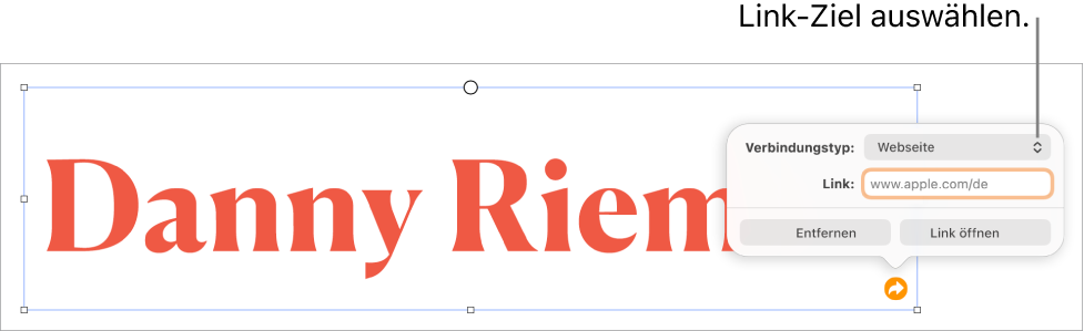 Die Steuerelemente des Linkeditors mit ausgewählter Webseite und den Tasten „Entfernen“ und „Link öffnen“ unten.