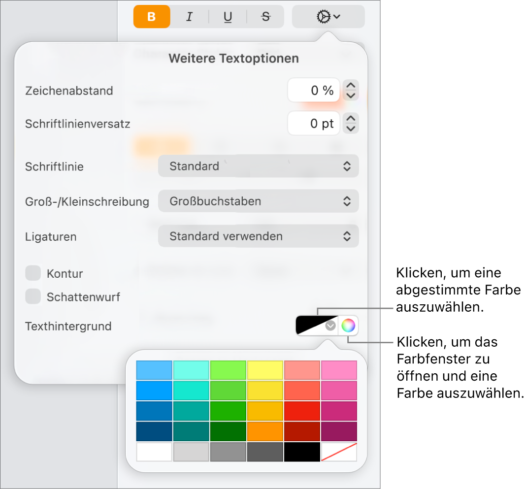 Steuerelemente zur Auswahl einer Hintergrundfarbe für Text.