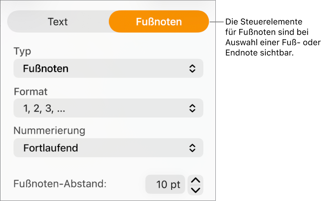 Der Tab „Fußnoten“ mit Einblendmenüs für „Typ“, „Format“, „Nummerierung“ und den Abstand zwischen den Fußnoten