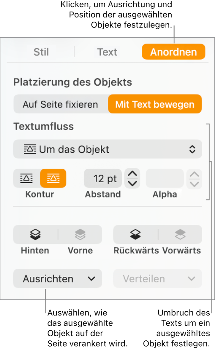 Das Menü „Format“ mit der angezeigten Seitenleiste „Anordnen“. Die Einstellungen „Platzierung des Objekts“ ganz oben in der Seitenleiste „Anordnen“ mit den Einstellungen „Textumbruch“ unten
