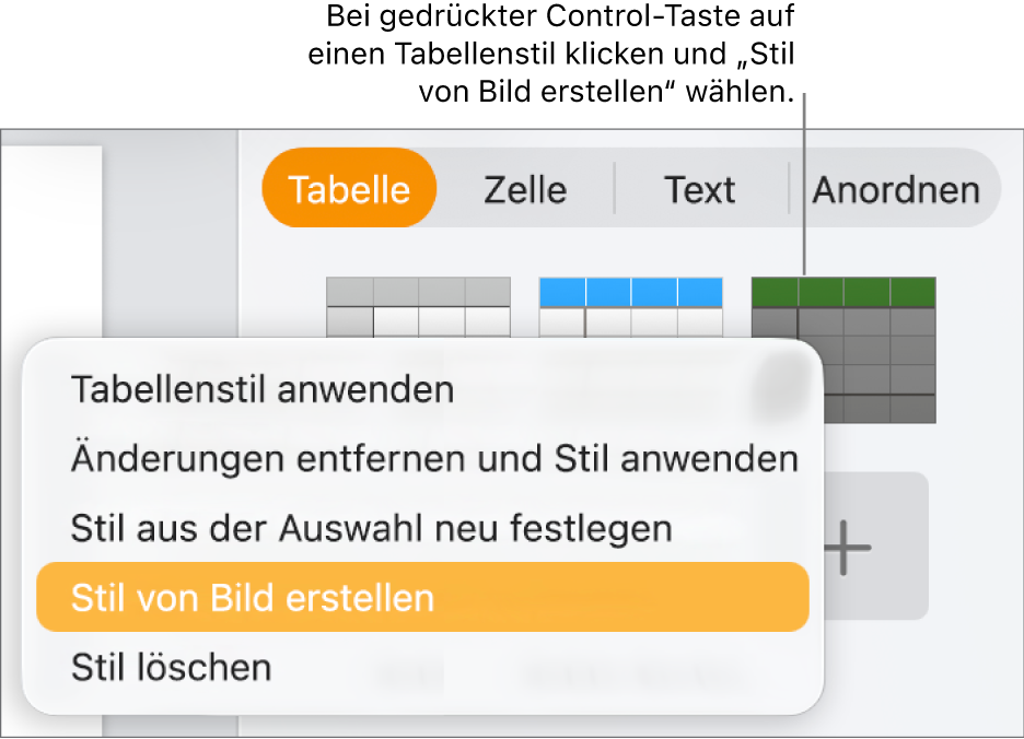 Das Kontextmenü für den Tabellenstil