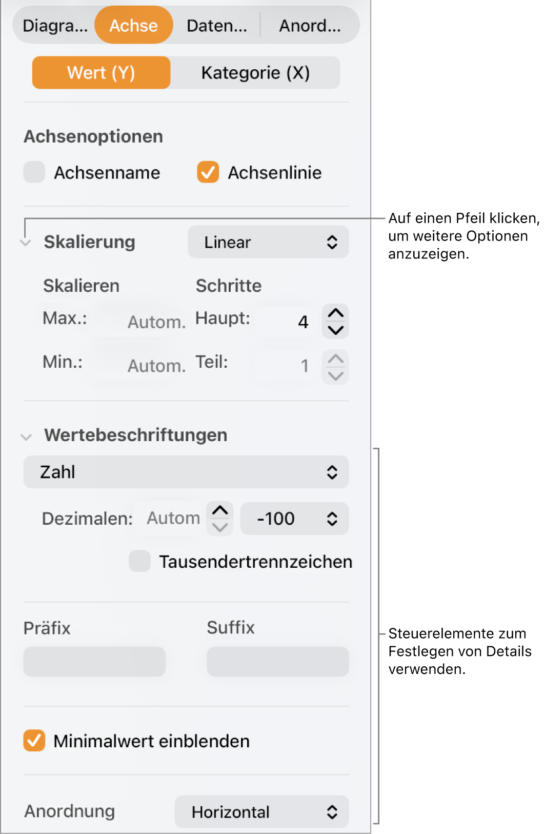 Steuerelemente zum Formatieren der Markierungen auf den Diagrammachsen
