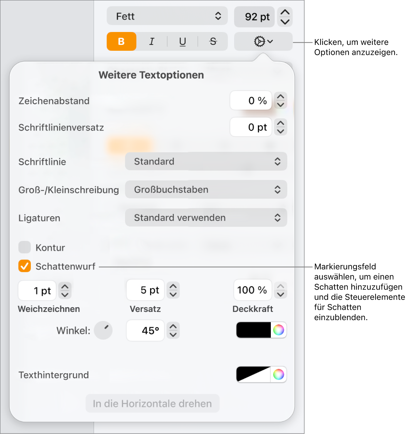 Das geöffnete Menü „Erweiterte Optionen“ mit der aktivierten Option „Schatten“ und Steuerelementen zum Konfigurieren von „Weichzeichnen“, „Versatz“, „Deckkraft“ und „Winkel“ sowie der Farbe.