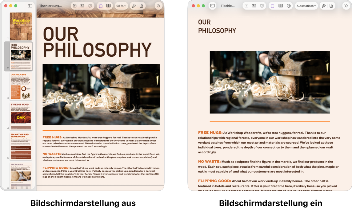 Zwei Ansichten desselben Pages-Dokuments – in einer Ansicht ist der Modus „Bildschirmansicht“ aktiviert, in der anderen deaktiviert. In der Version, bei der „Bildschirmansicht“ aktiviert ist, wird die Textgröße dem Bildschirm entsprechend angepasst und Zeilenumbrüche und Kopfzeilen werden ausgeblendet.