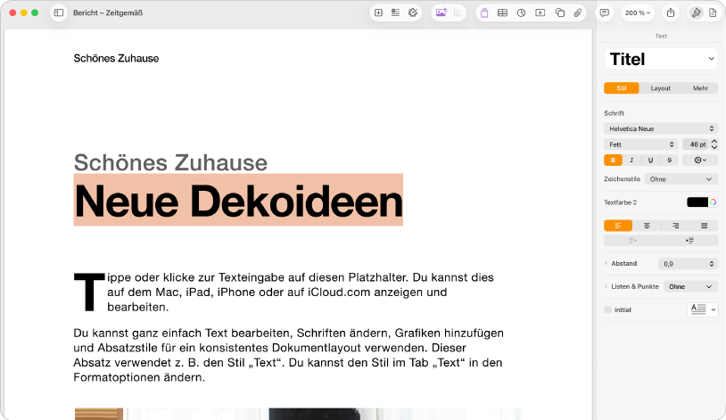Ein geöffnetes Dokument mit der eingeblendeten Seitenleiste „Format“ und dem ausgewählten Tab „Text“.