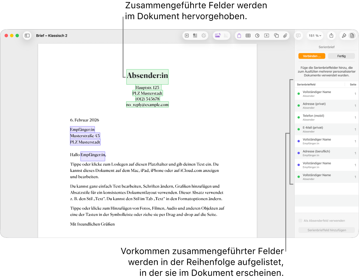 Pages-Dokument mit Serienbrieffeldern für Absender und Empfänger sowie der Liste der Serienbrieffeld-Instanzen in der Seitenleiste „Dokument“.
