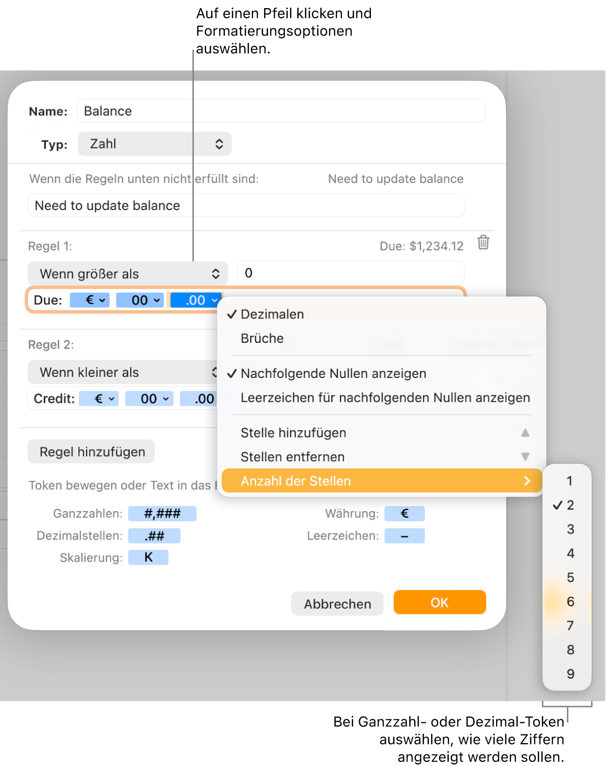 Das Fenster für ein eigenes Zellenformat mit Steuerelementen zum Auswählen eigener Formatierungsoptionen