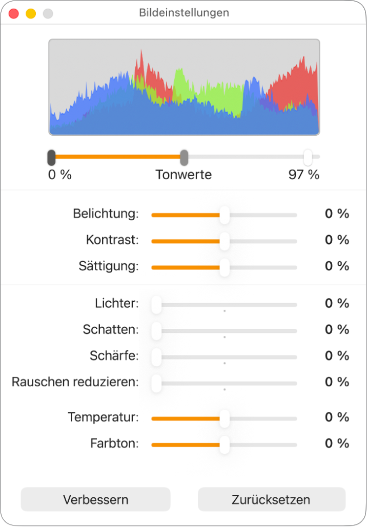 Fenster „Bildeinstellungen“ mit Reglern zum Einstellen von Belichtung, Kontrast, Sättigung, Glanzlichtern, Schatten, Schärfe, Rauschunterdrückung, Temperatur und Farbton