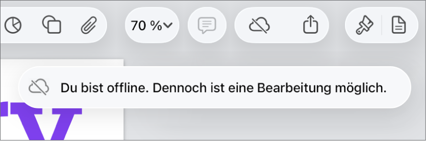 Die Tasten oben auf dem Bildschirm, darunter die Taste „Zusammenarbeit“, die als mit einer diagonalen Linie durchgestrichenen Wolke dargestellt wird. Ein Hinweis auf dem Bildschirm besagt, dass du offline bist, aber weiterhin arbeiten kannst.
