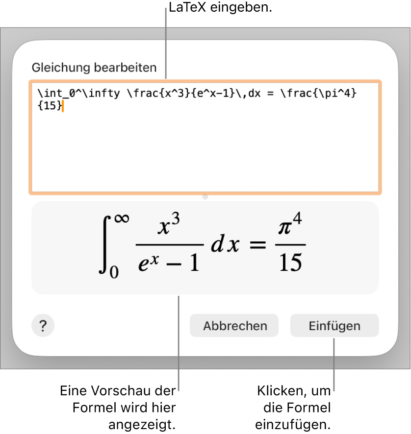 Die quadratische Formel, die mit LaTeX in das Feld „Gleichung“ geschrieben wurde, und einer Vorschau der Formel darunter.