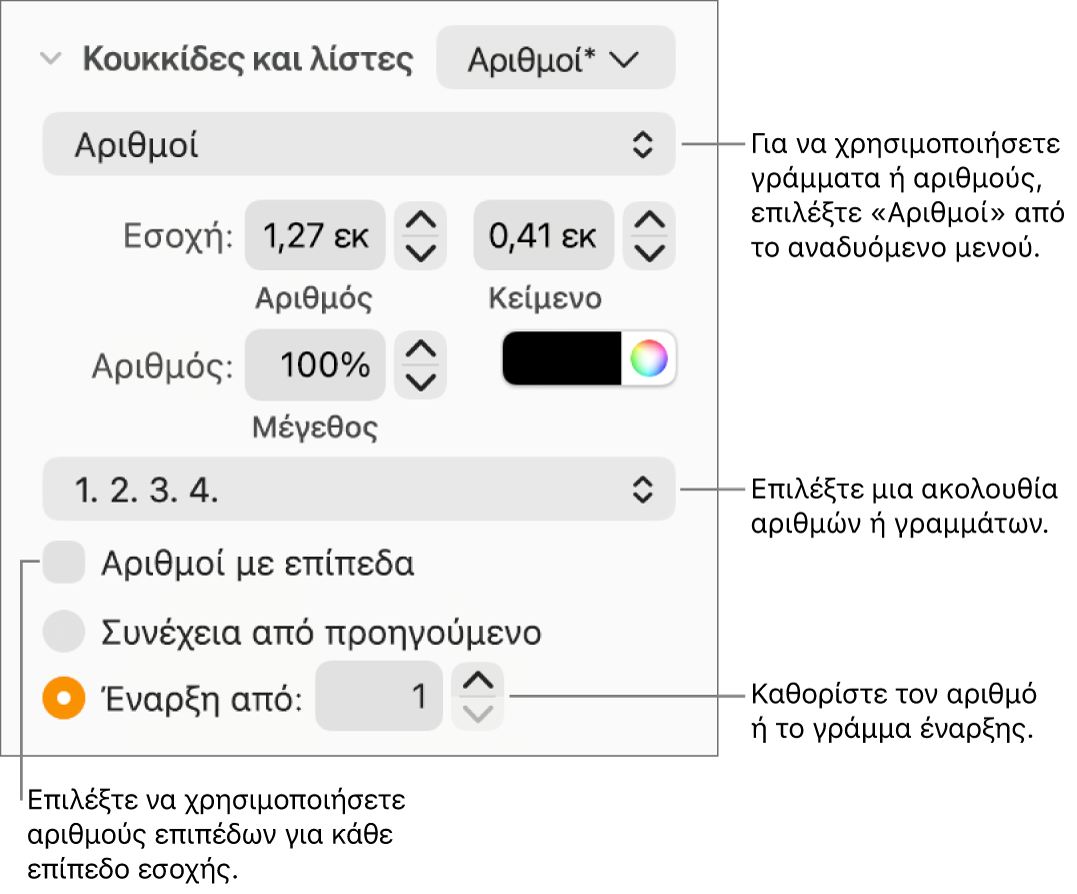 Στοιχεία ελέγχου για την αλλαγή του στιλ αριθμών και της απόστασης σε μια λίστα.