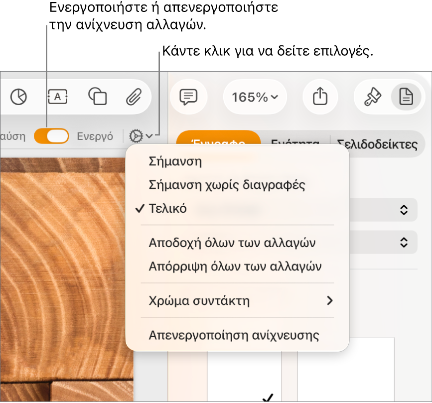Το μενού επιλογών ανίχνευσης με την επιλογή «Απενεργοποίηση ανίχνευσης» στο κάτω μέρος και επεξηγήσεις για το κουμπί «Ενεργοποίηση» και «Σε παύση» ανίχνευσης.