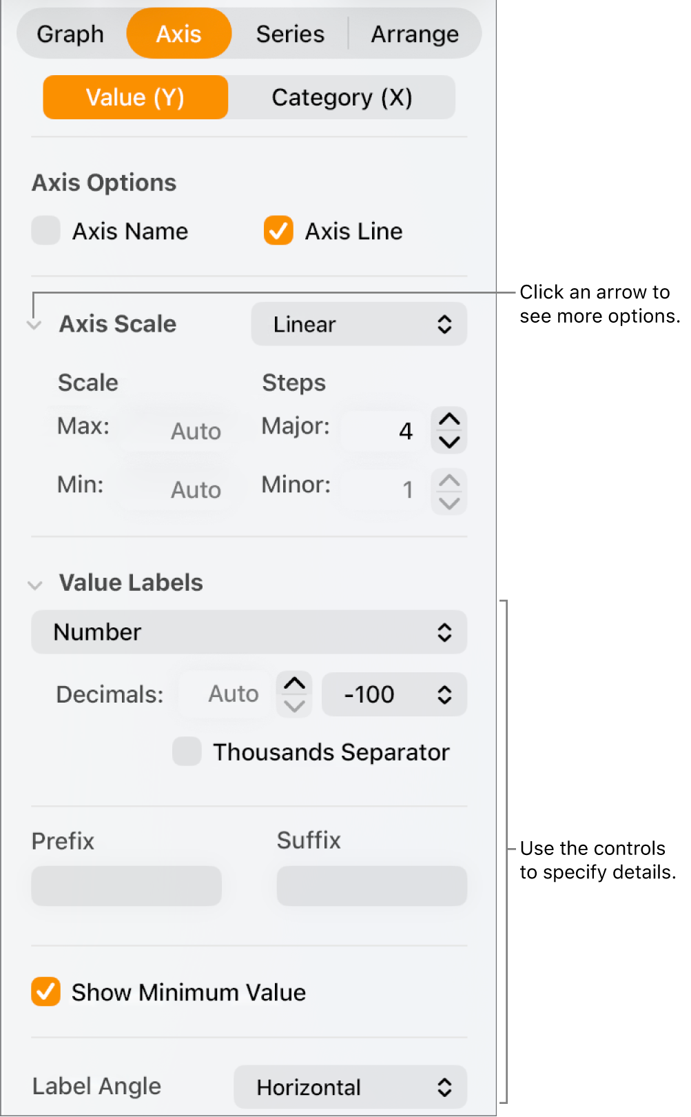 Controls for formatting graph axis markings.