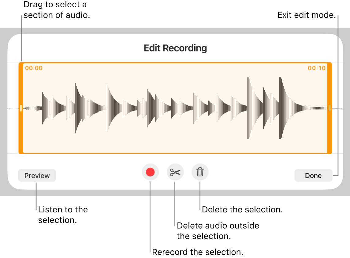 Controls for editing recorded audio. Handles indicate the selected section of the recording, and Preview, Record, Trim, Delete and Edit Mode buttons are below.