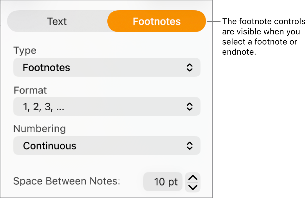 The Footnotes pane showing pop-up menus for Type, Format, Numbering and space between notes.