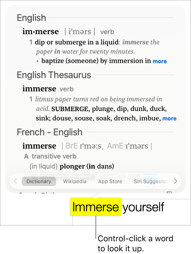 A paragraph with a word highlighted and a window showing its definition and a thesaurus entry. Buttons at the bottom of the window provide links to the dictionary, Wikipedia and Siri suggested websites.