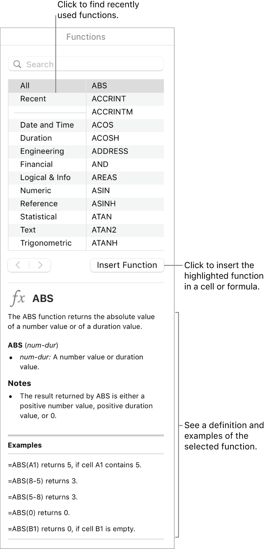 The Function Browser with a call out to recently used functions, the Insert Function button and the function definition.