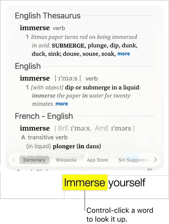 A paragraph with a word highlighted and a window showing its definition and a thesaurus entry. Buttons at the bottom of the window provide links to the dictionary, Wikipedia and Siri-suggested websites.