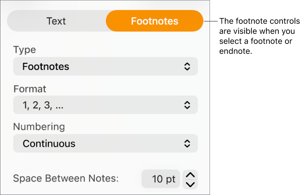 The Footnotes pane showing pop-up menus for Type, Format, Numbering and space between notes.