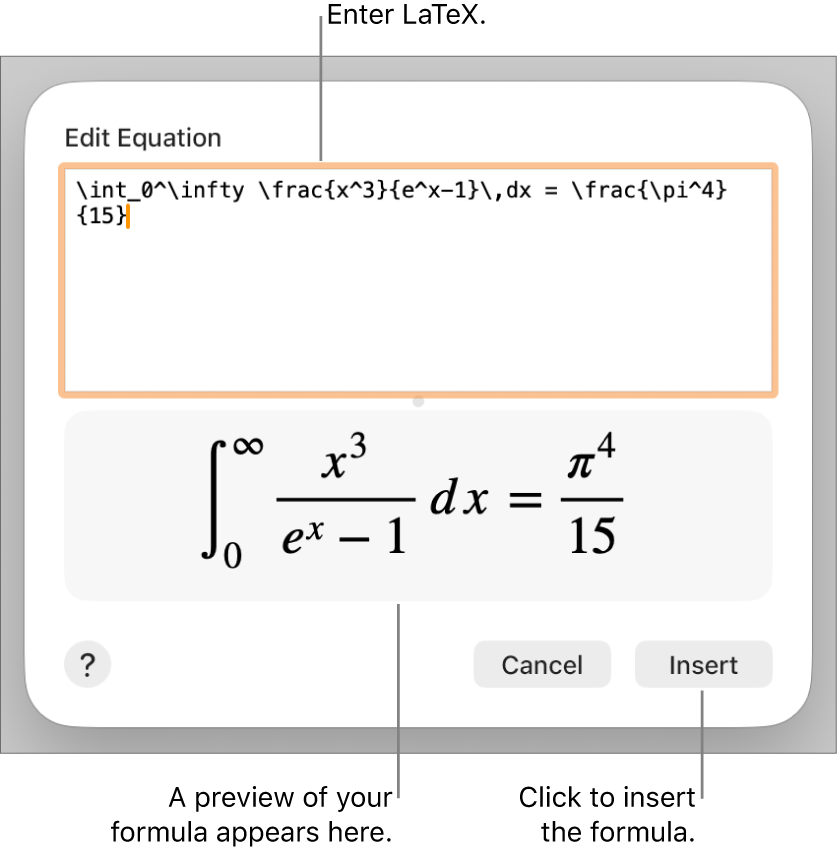 The quadratic formula written using LaTeX in the Equation field, and a preview of the formula below.