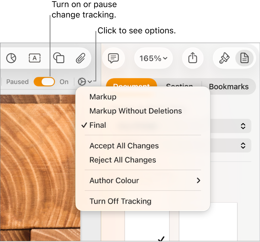 The tracking options menu showing Turn off Tracking at the bottom and callouts to the Tracking On and Paused button.