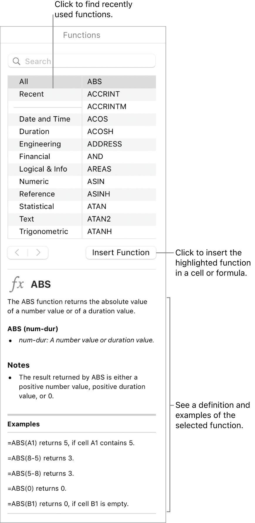 The Function Browser with callouts to recently used functions, the Insert Function button and the function definition.