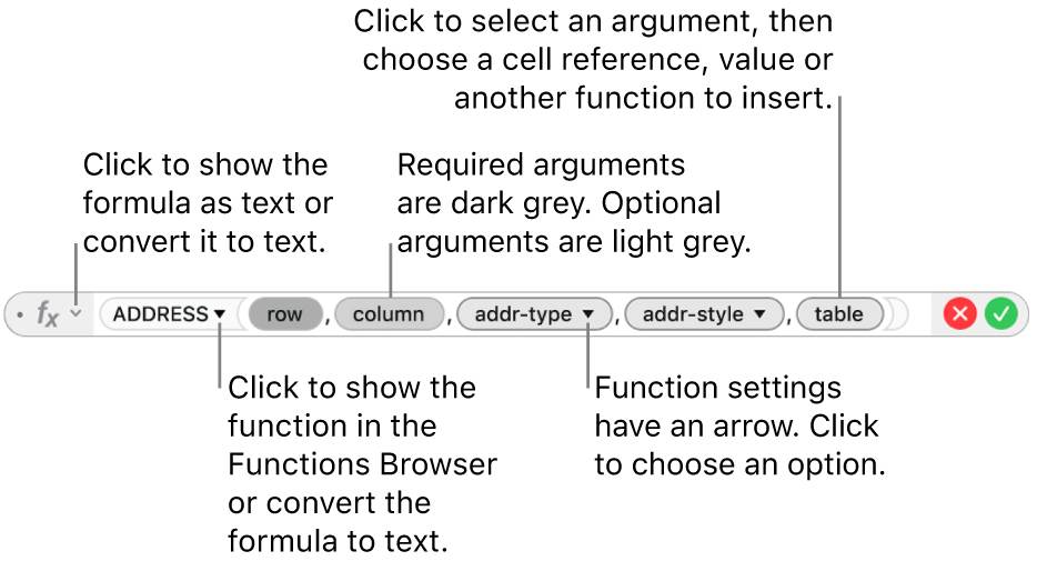 The Formula Editor showing the ADDRESS function and its argument tokens.