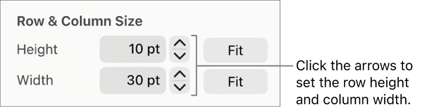 The controls for setting a precise row or column size.