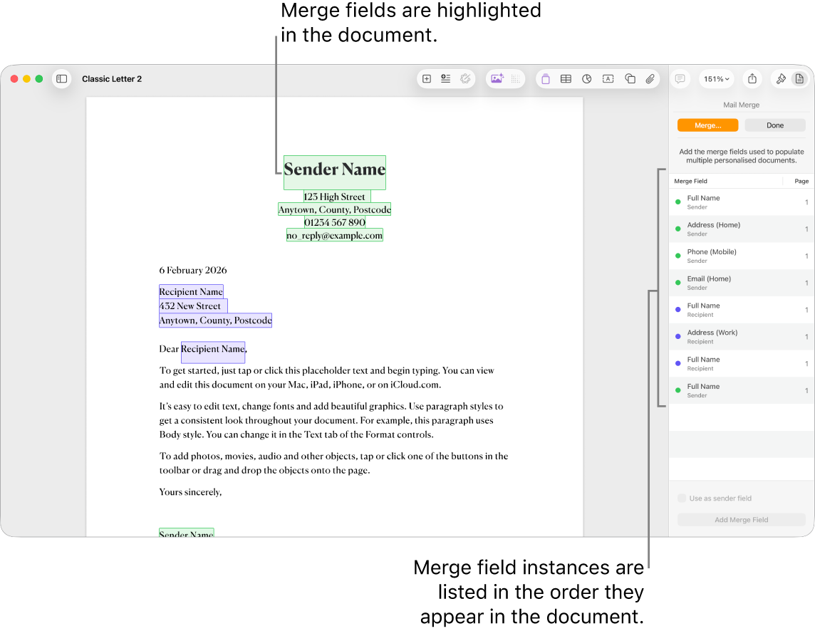Pages document with recipient and sender merge fields, and the merge field instances list visible in the Document sidebar.