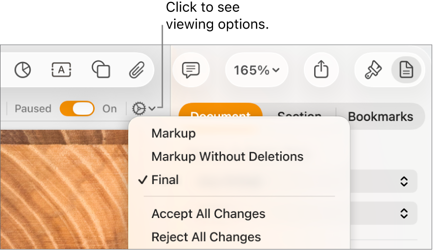 The review options menu showing Markup, Markup Without Deletions and Final.