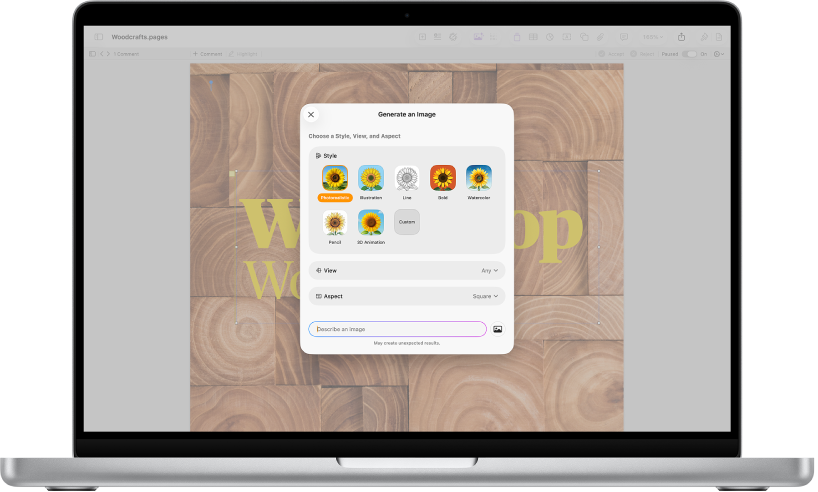 The Generate an Image dialog showing options for generating an image from a text description.