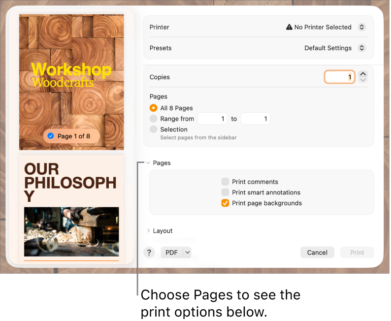 Print dialog with controls for printer, presets, copies, and page range. Pages is selected in the pop-up menu below the settings for page range, followed by checkboxes to print comments, print smart annotations, and print page backgrounds.