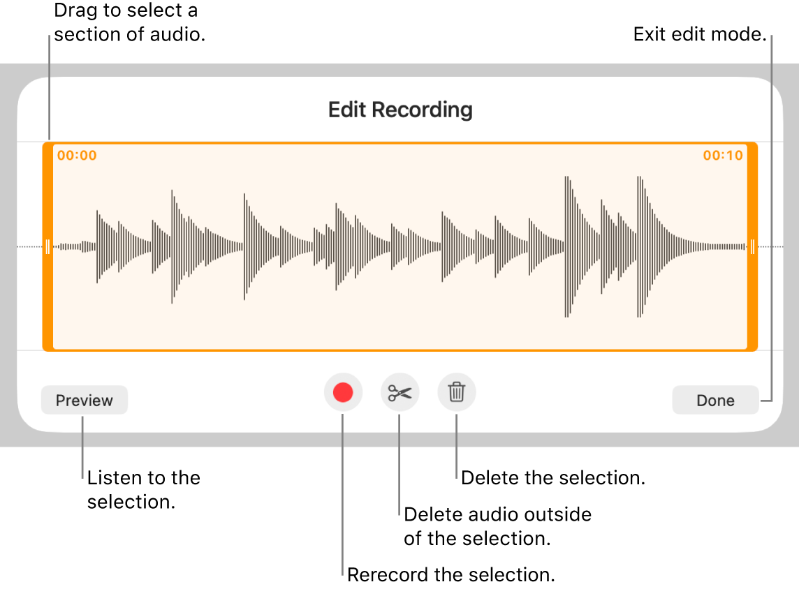 Controls for editing recorded audio. Handles indicate the selected section of the recording, and Preview, Record, Trim, Delete, and Edit Mode buttons are below.